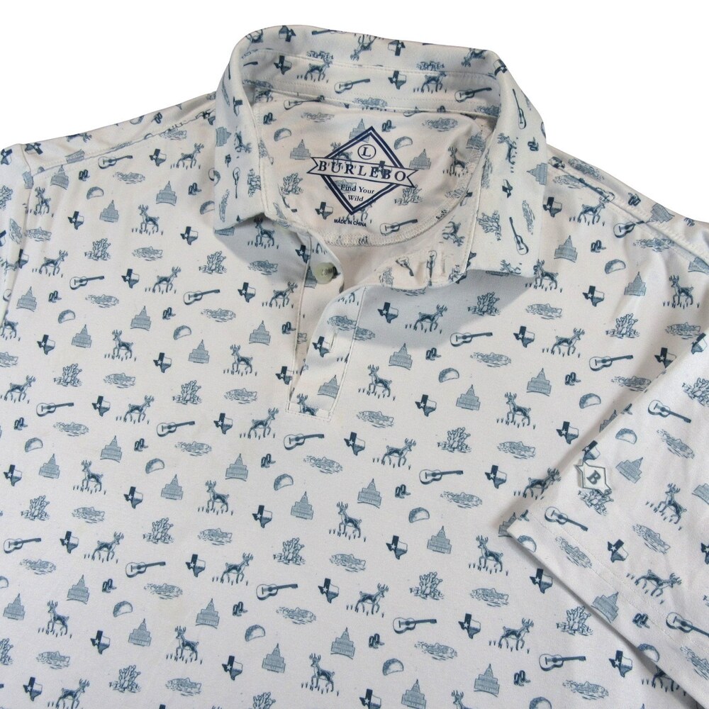 Burlebo Mens Polo Shirt L White Allover Texas Stretch Polyester Pocket